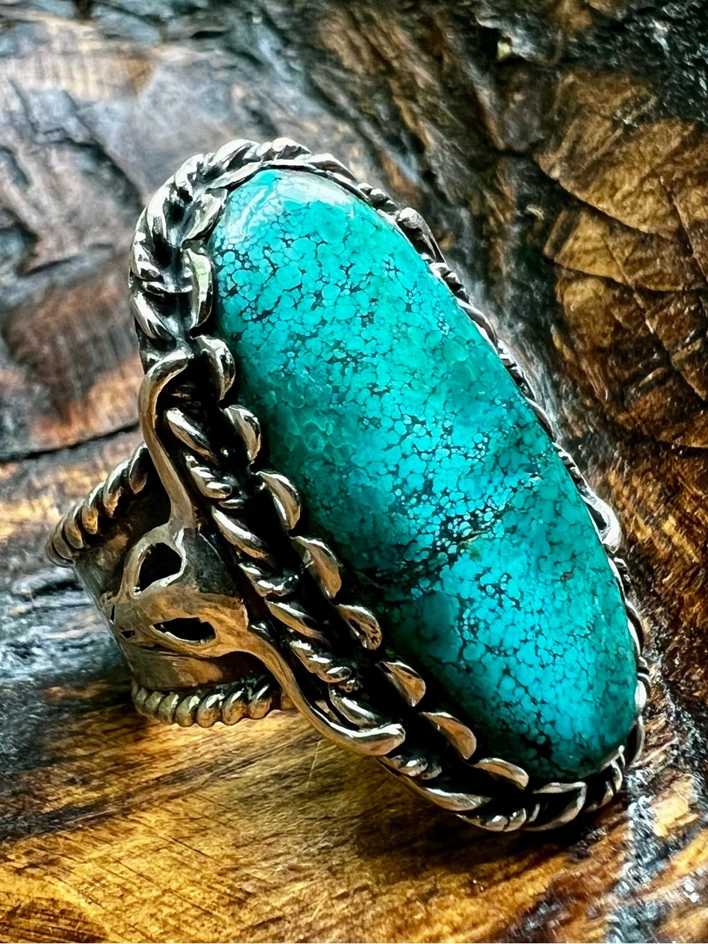 925 Sterling Silver Kingman Turquoise Statement Ring Wide Band Size 8
